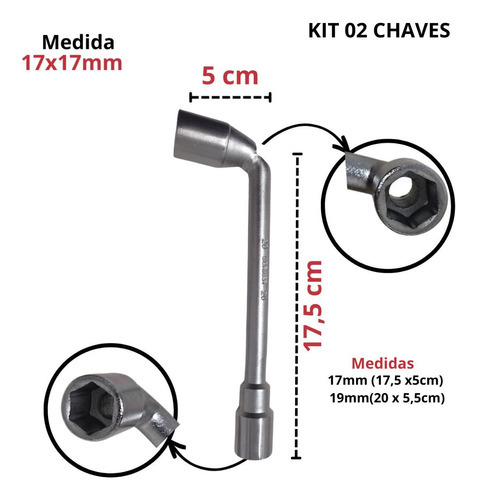 Kit 02 Chave Biela L Furo Passante Vazada 17 mm 19 mm Worker