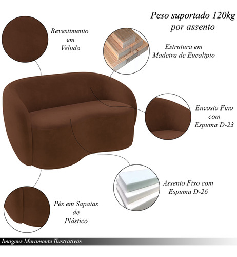 Sofá Decorativo 180cm 2 Lugares Íbis Enc Fixo Veludo Marrom