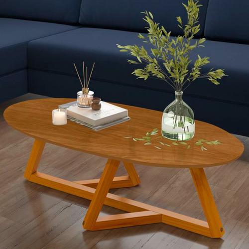 Mesa de centro ovalada clásica para sala de estar con patas de madera maciza, color madera natural