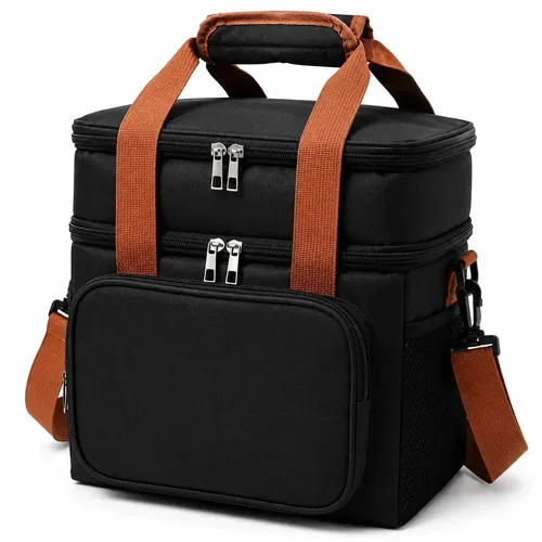 Bolsa Térmica Lancheira Marmita 13,5L 2 Compartimentos Frasqueira Impermeável Dupla Camada Alça de Ombro Fitness Trabalho Preta