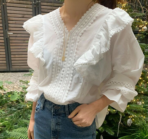 Blusa Rendada Chiffon Bordada Bluz Manga Longa Linda 