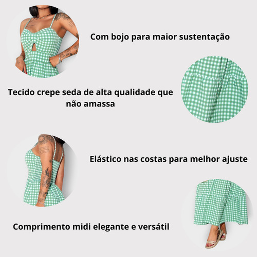 Vestido Feminino Midi Longuete Xadrez Com Lastex Alças Finas