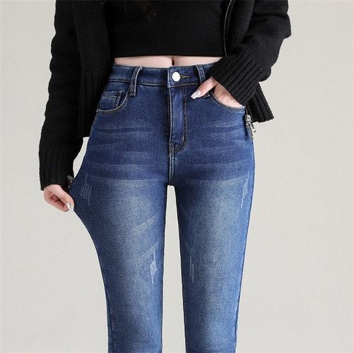 Jeans Cálido Felpa Elástico Invierno De Mujer