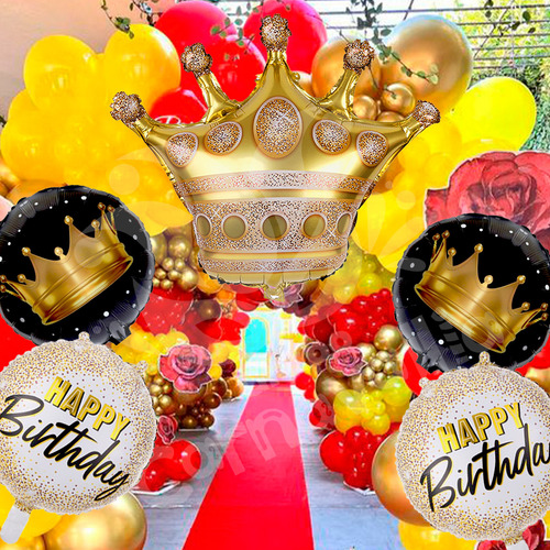 Kit 5 Globos Feliz Cumpleaños Corona Dorada Decoración Fiest