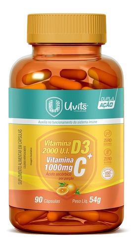 Vitamina D3 2.000ui + Vita C 1000mg Acido Ascórbico - 90 Cáp