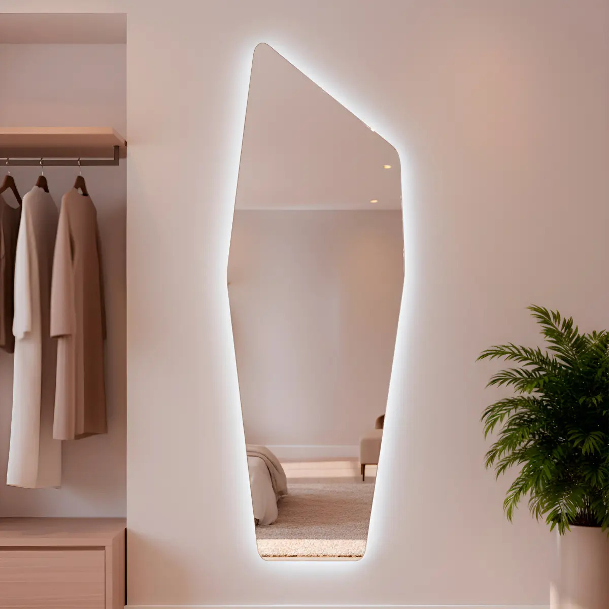 Espelho Orgânico Com Led 150x50 Cm Para Sala Quarto Banheiro Moldura Moai Led Frio