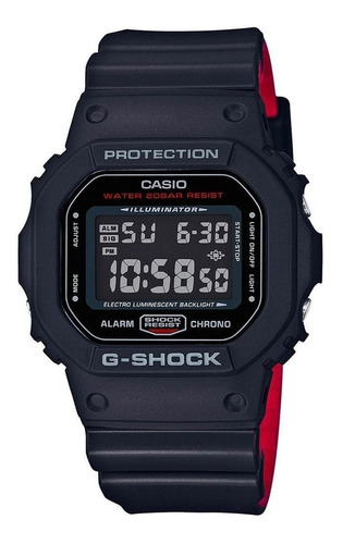 Reloj de pulsera Casio G-Shock DW5600 de cuerpo color negro, digital, fondo negro, con correa de resina color negro y rojo, dial gris, minutero/segundero gris, bisel color negro y gris, luz azul verde y hebilla simple