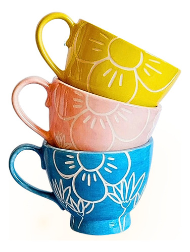 Tazas De Cerámica Esmaltada Esgrafiada Flores