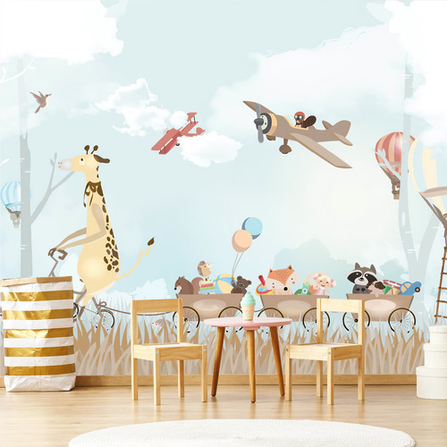 Papel De Parede Painel Infantil Animais Aviões 6 Rolos 9m²