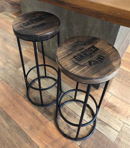 Banqueta Alta Barra - Hierro Madera Industrial Rústica Negra