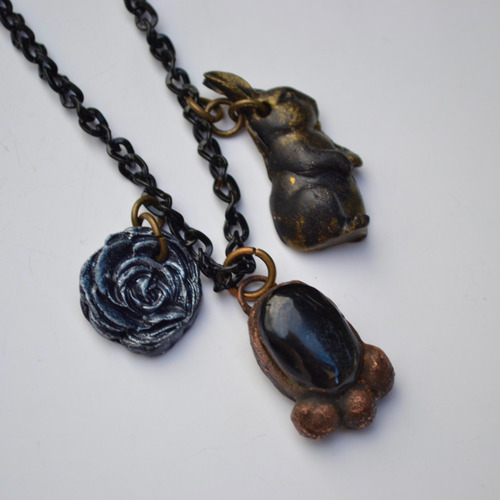 Collar Boho Con Piedra Obsidiana Negra, Flor, Conejo, Cod1