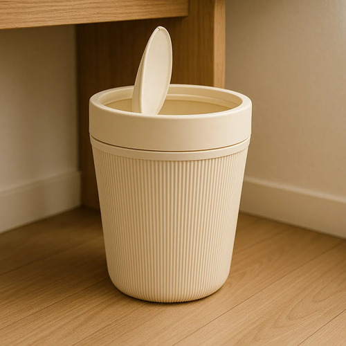 Cesto Tacho Residuos Basura Simil Ratan Con Tapa Basculante Beige