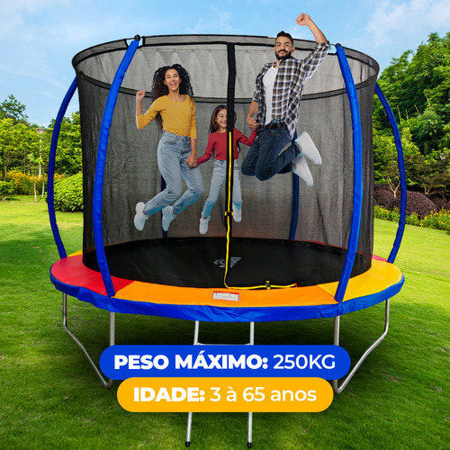 Cama Elástica Pula Pula Trampolim 3,05m Com Rede De Proteção Lona Preta Ziper De Segurança Curva Kroys Brinquedos 250kg