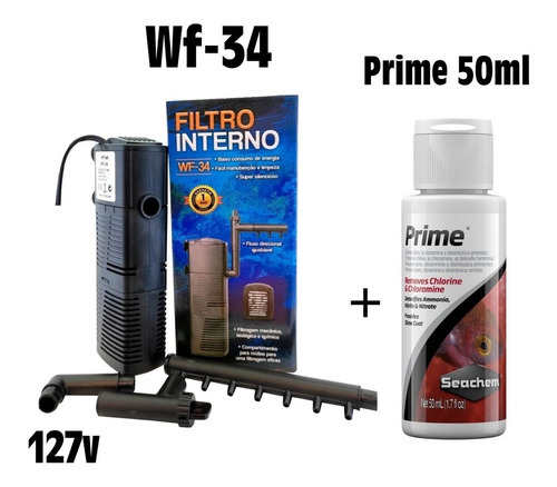 Kit Filtro Interno Wf-34 600l/h 7w 127v + Seachem Prime 50ml