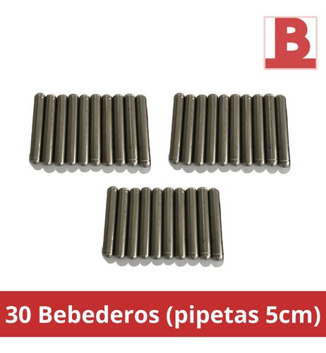 30 Bebederos (pipetas) 5cm C/balín, Acero Inox (pack 30 Pzs)