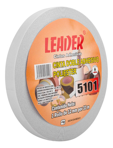 Cinta Adhesiva Doble Cara De Plastico Leader 12 Mm X 33 M