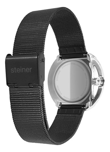 Reloj Steiner Análogo Extensible Malla Acero Inoxidable 3atm Correa Negro Bisel Plateado Fondo Negro
