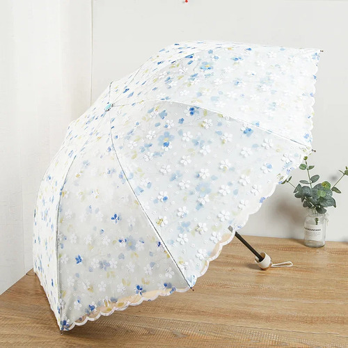 Guarda-chuva Dobrável Com Bordado Floral De Renda De Dupla C