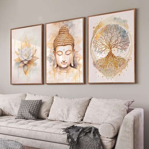 Quadro Decorativo Sala Quarto Kit Buda Lótus Amor Moldura