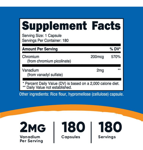 Suplemento Nutricost Vanádio + Cromo 2 Mg 180 Cápsulas