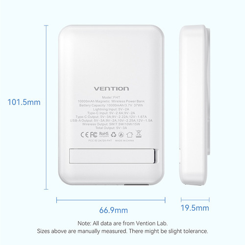 Power Bank Vention De 10000 Mah Usb-c/usb-a/inalámbrico 20w