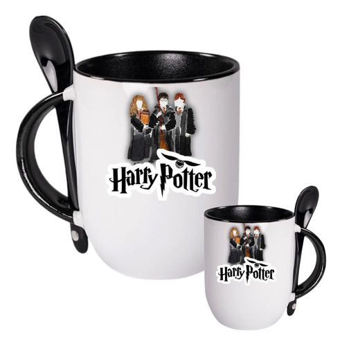 Taza Harry Potter Ron Hermione Hogwarts+llavero+cuchara Negro Harry Potter