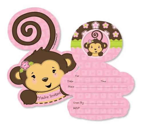 Invitaciones En Forma De Mono Rosa - Set De 12 Con Sobres