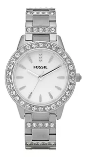Reloj de pulsera Fossil Jesse de cuerpo color plata, analógico, para mujer, fondo blanco, con correa de acero inoxidable color plata, agujas color plata, dial plata, bisel color plata y pulsera