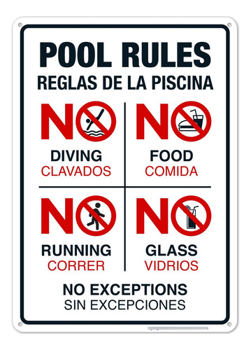 Letrero Bilingüe De Reglas De La Piscina, No Diving No Ru