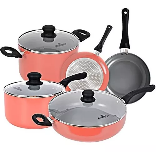 Flamingpan Juego de ollas y sartenes antiadherentes de 8 piezas, utensilios  de cocina con revestimiento de cerámica, aptos para lavavajillas, sartén