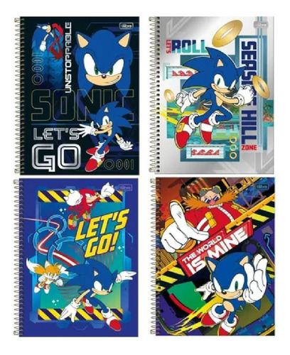 Kit 4 Cadernos Sonic 1 Matéria Universitário Com Capa Dura