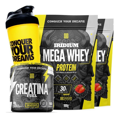 Kit 2x Whey Protein Mega + Creatina Fuel 300g + Coqueteleira Sabor Morango