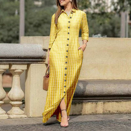 Vestido De Solapa Con Estampado De Cuadros Escoceses Mujer