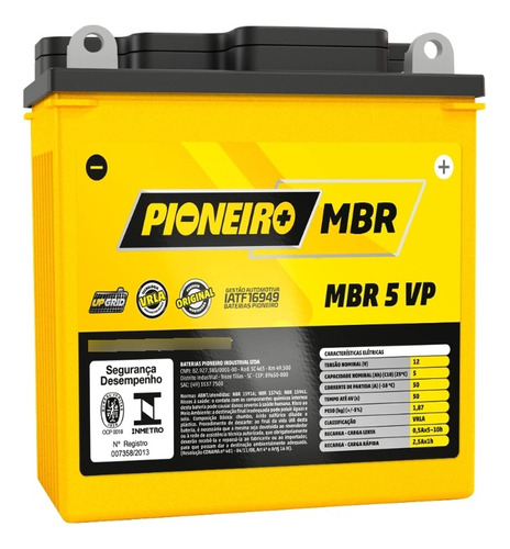 Bateria Moto Pioneiro Mbr5-vp 12v 5a/h