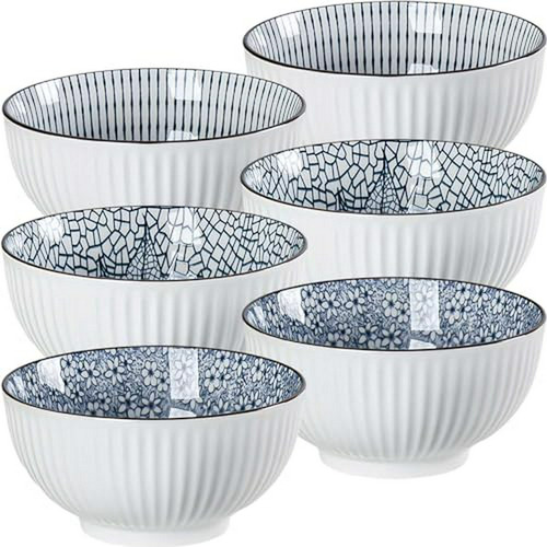 Set 6 Cuencos Porcelana Azul Y Blanca 30 Oz - Patrón Mixto