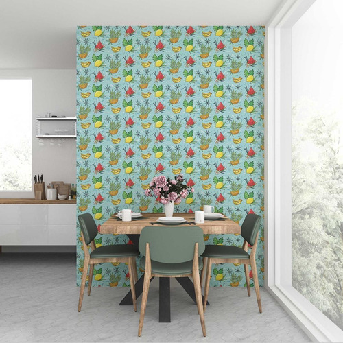 Imagem 3 de 5 de Papel De Parede Adesivo Frutas Tropicais Fundo Azul N07033 0