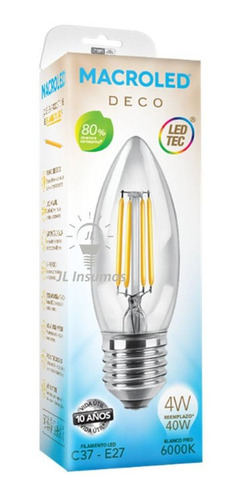 Pack 2 Lampara Led Vela Filamento 4w E27 Luz Fria