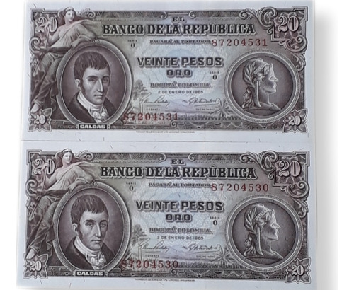 Colombia Duo Consecutivos 20 Pesos 1965 Sin Circular  Unc.