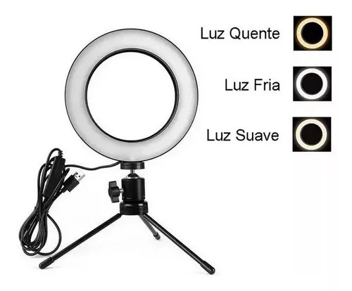 Ring Light de Mesa Blogueira Portátil Luminária De Led 6 Polegadas + Tripé  De 16 Cm