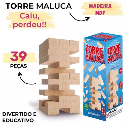 Jogo Torre Maluca Brinquedo Torre 39 Pçs Equilíbrio Madeira - Pais