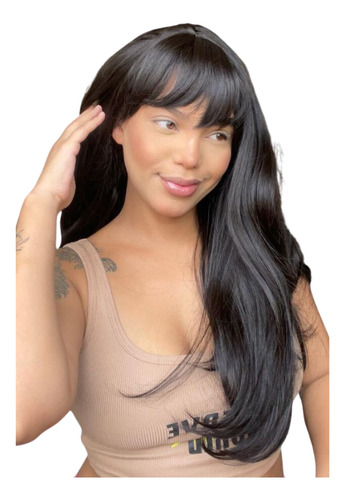 Peruca Wig Fibra Jane Com Franja 60 Cm Aspecto Natural Tonalidade Castanho Escuro