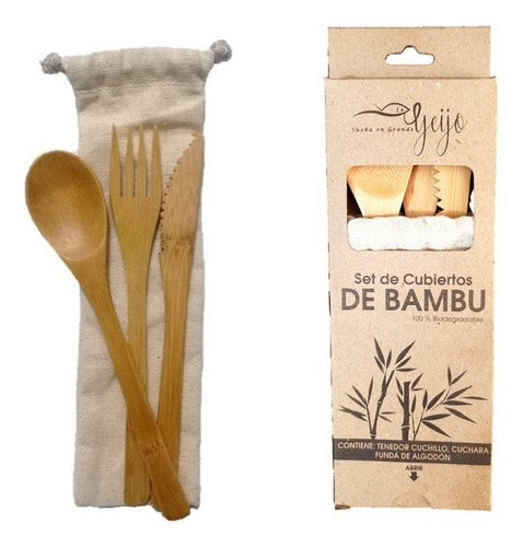 Set Cubiertos De Bambú/cuchara/tenedor/cuchillo+funda