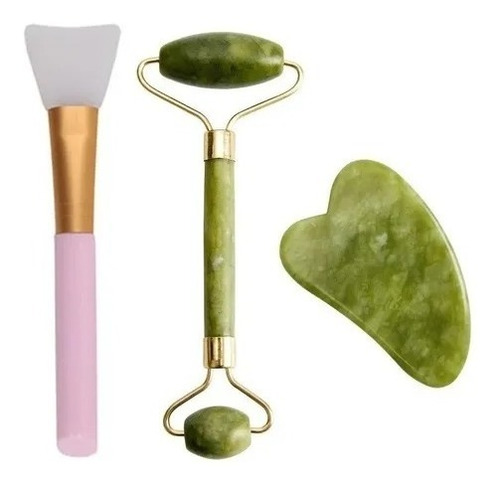 Masajeador Rodillo Jade + Gua Sha Jade Facial + Aplicador