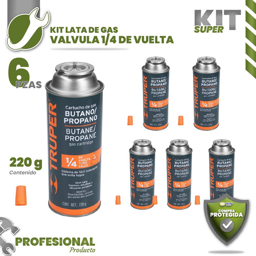 Kit 6 Latas De Gas De 220 G Válvula De 1/4 De Vuelta 11920