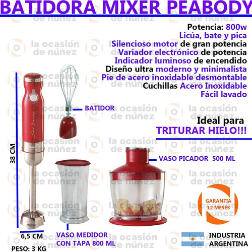Imagen 2 de 7 de Mixer Batidora De Mano Peabody Minipimers Vaso Licuadora