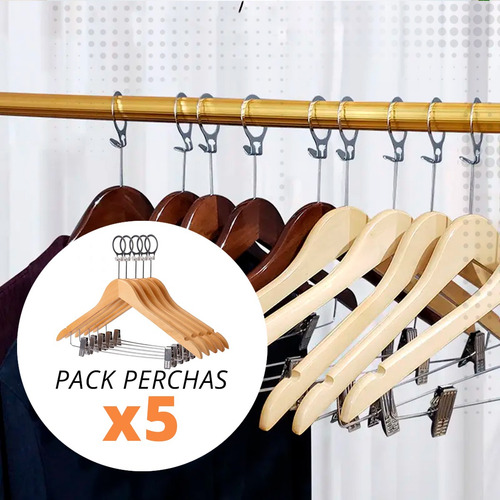 Pack 5 Perchas Antirrobo Lujo Madera Hotel Pantalon Pollera