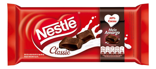 Chocolate Meio Amargo 40% Cacau Classic Nestlé  pacote 90 g