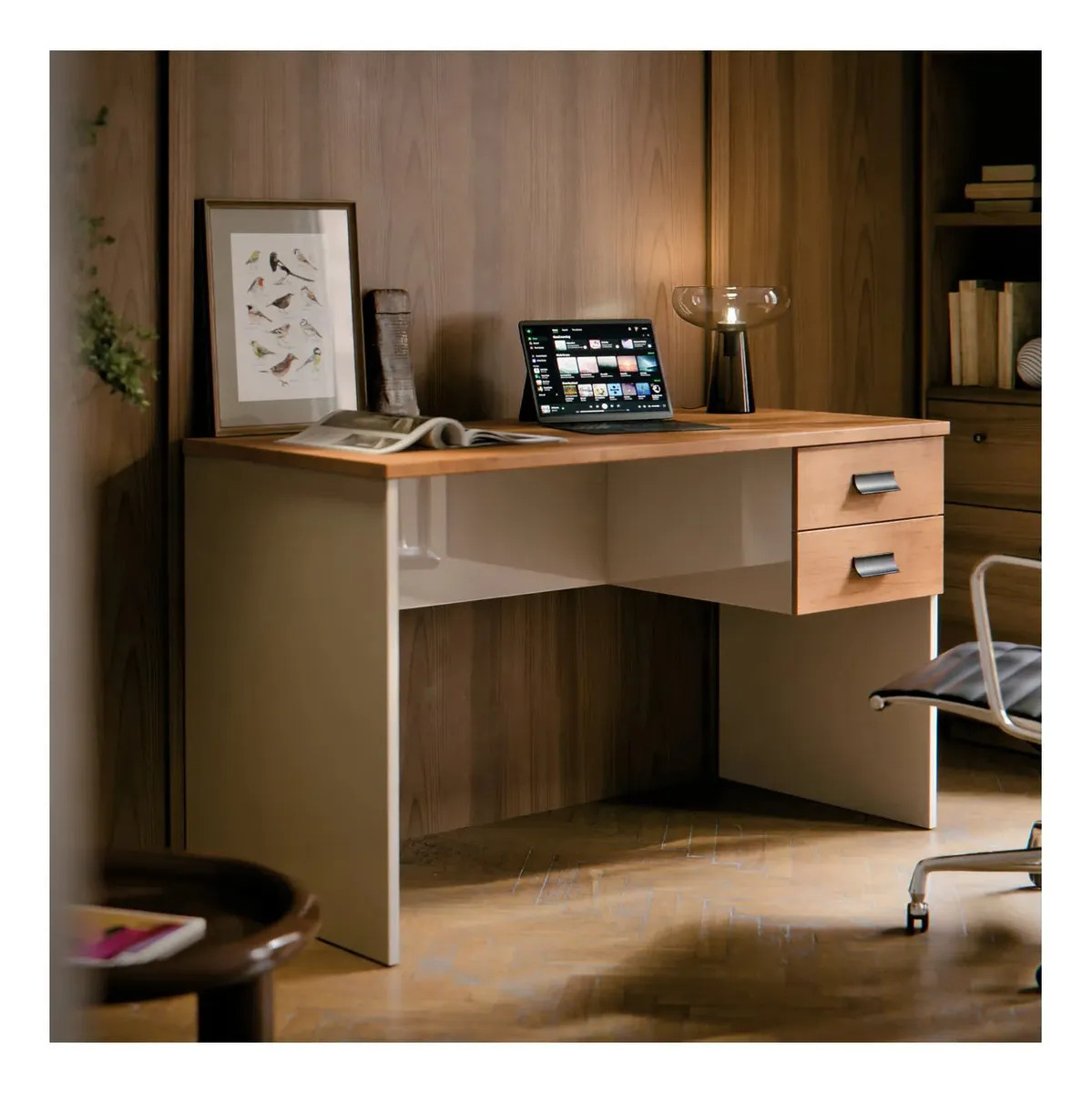 Escrivaninha Com 2 Gavetas E Corrediças Telescópicas Mesa De Escritório Home Office 118cm Londres Cor Branco Canela