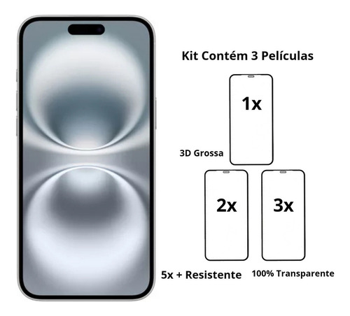 Kit 3 Película 3d iPhone 8 Plus X 11 12 13 14 15 16 Pro Max