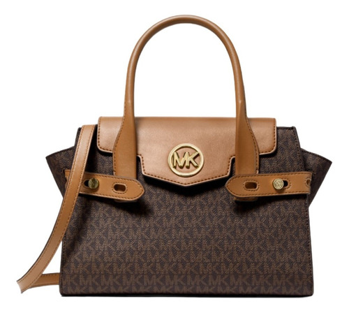 Bolsa Michael Kors Carmen Medium Logo Belted Satchel Acabado de los herrajes Dorado Color Marrón oscuro Color de la correa de hombro Marrón Diseño de la tela Monograma